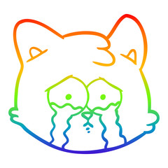 rainbow gradient line drawing crying cartoon cat face