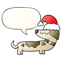 cartoon dog wearing christmas hat and speech bubble in smooth gradient style