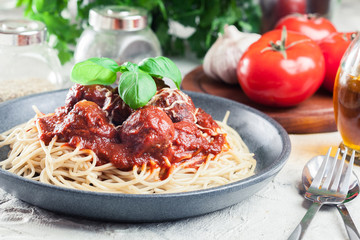 Spaghetti pasta with meatballs and tomato sauce