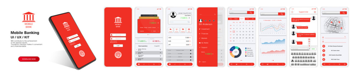 Design Mobile Banking App. UI, UX, KIT. Mockups screens for mobile banking or website with different GUI(Login, payment detailed data statistics, money transfers and transactions, chat support, map)