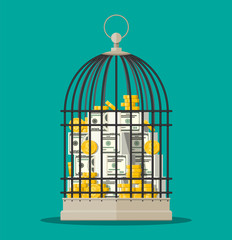 Bird cage full of gold coins and banknotes. Saving dollar coin in moneybox. Growth, income, savings, investment. Symbol of wealth. Business success. Flat style vector illustration.