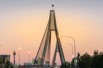 Anzac bridge structure with beautiful sunset sky on the background