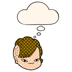 cartoon female face and thought bubble in comic book style
