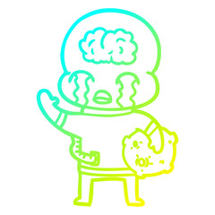 cold gradient line drawing cartoon big brain alien crying and waving goodbye