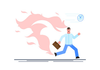 Office worker character running with back on fire. Deadline and rush hour. Vector illustration. - Vector