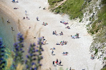 Selective focus beach view from cliff top