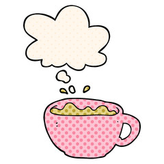 cartoon coffee cup and thought bubble in comic book style