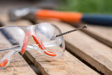 protective goggles. protective equipment worker. avoid injury at work.