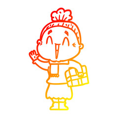 warm gradient line drawing cartoon happy old lady