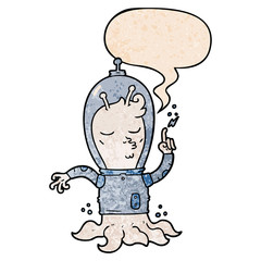 cartoon alien and speech bubble in retro texture style