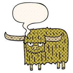 cartoon hairy cow and speech bubble in comic book style