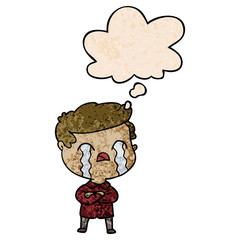 cartoon man crying and thought bubble in grunge texture pattern style