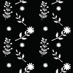 Wild flowers pattern. Vector floral illustration on the black background. Ornament with leaves and flowers for fabric, invitation, greeting cards.