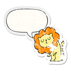 cute cartoon lion and speech bubble distressed sticker