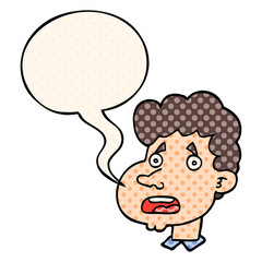 cartoon shocked man and speech bubble in comic book style
