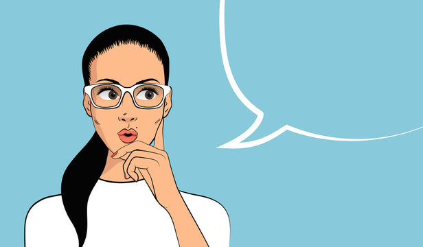Girl in glasses thinking. Template advertising poster. Speech bubble blank. Vector illustration.