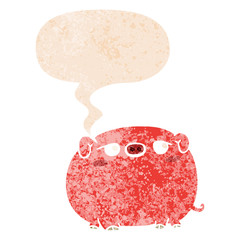 cute cartoon pig and speech bubble in retro textured style