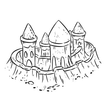 recommend clip art: Cartoon lineart hand drawn sand castle, fort or fortress with towers. Cute isolated sketch