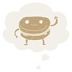 cartoon waving cake character and thought bubble in retro style