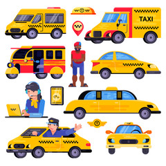 Taxi vector taxicab transport driver man character in yellow car transportation illustration set of city cab auto on taxi-rank and taxi driver in automobile isolated on white background