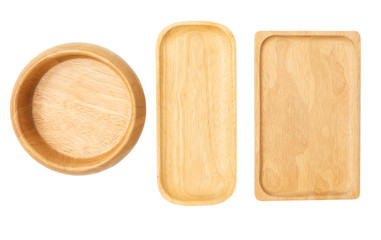wooden tray and bowl dishware  isolated on white background