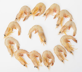 Raw fresh shrimps,prawns isolated on white background,top view