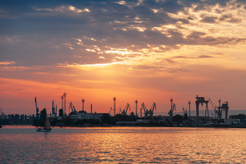 Varna port under dramatic sunset sky