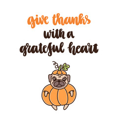 The hand-drawing quote: Give thanks with a grateful heart, with cute dog of pug breed in a pumpkin costume. It can be used for a invitation card, brochures, poster and other promo materials.