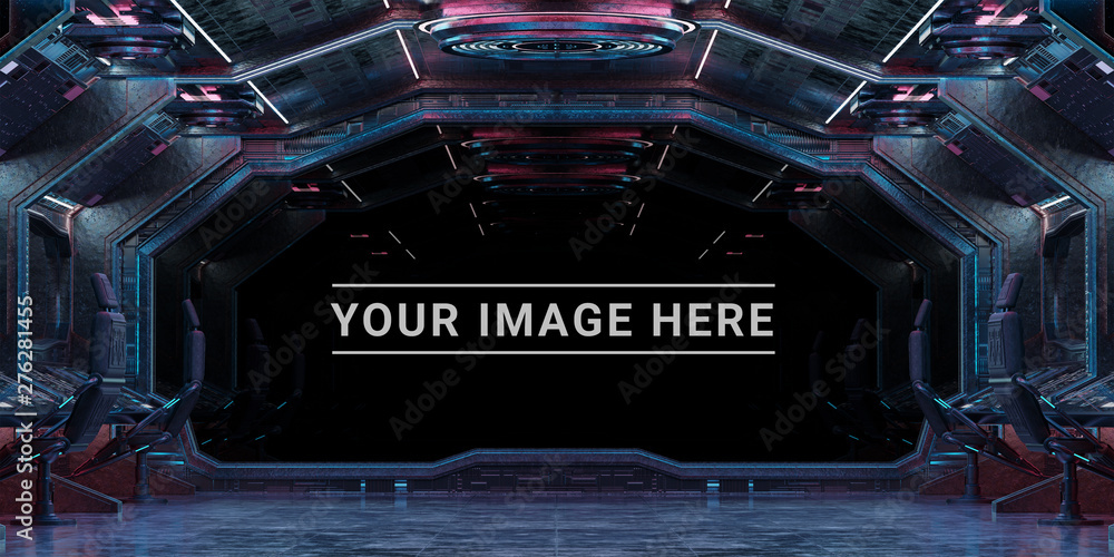 Poster Dark spaceship interior with large window view 3D rendering