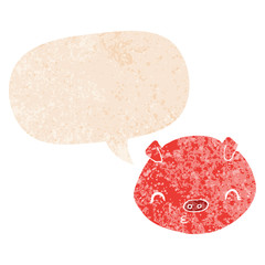 cartoon pig and speech bubble in retro textured style