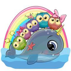 Cartoon Whale with with horn and five owls