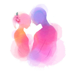 Romantic Valentine lovers silhouette on watercolor background. Love at first sign concept.  Engagement couple. Happy valentine's day.