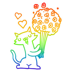 rainbow gradient line drawing cartoon cat in love with flowers