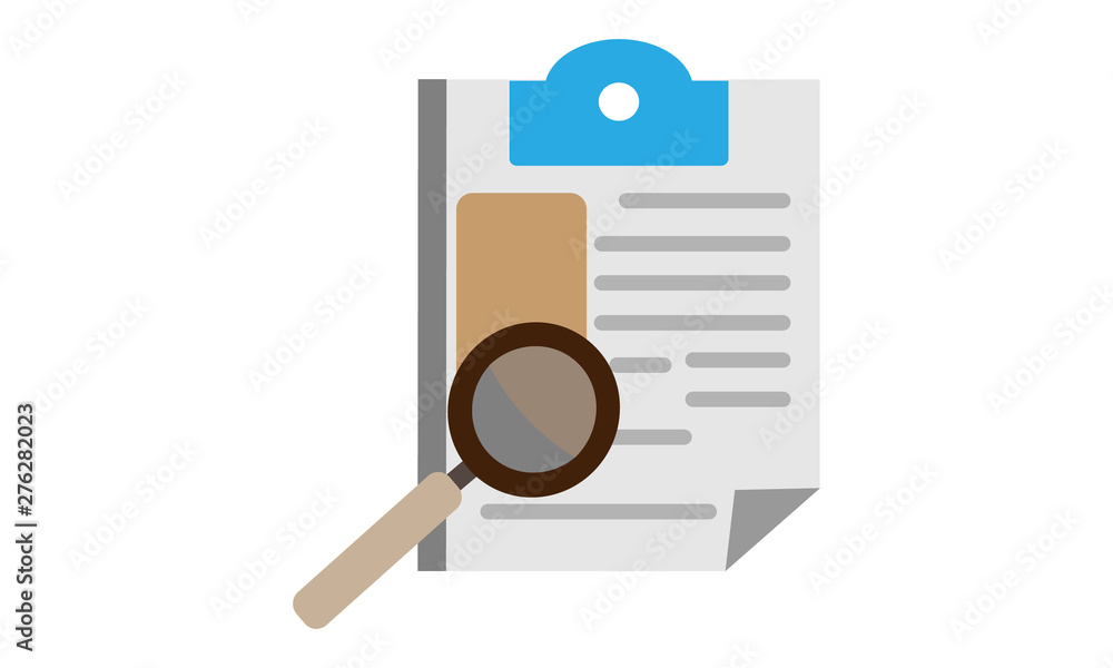Poster clipboard with magnifying glass icon for verification and approval concepts