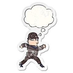 cartoon thief and thought bubble as a distressed worn sticker