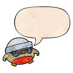 cool christmas robin cartoon and sunglasses and speech bubble in retro texture style