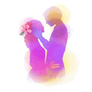 Romantic Valentine lovers silhouette on watercolor background. Love at first sign concept.  Engagement couple. Happy valentine's day.