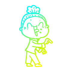 cold gradient line drawing cartoon happy old woman