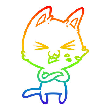 recommend clip art: rainbow gradient line drawing cartoon cat with crossed arms