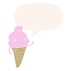 cute cartoon ice cream and speech bubble in retro style