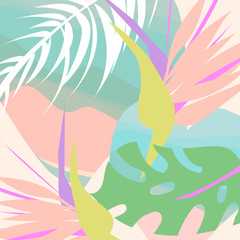 Fototapeta na wymiar Tropical collage pattern banner in hawaiian style with toucan bird and exotic floral decoration elements. Colorful summer background made in vector