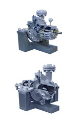 two modern liquefied gas transfer pumps close-up. Cross-section of the pump