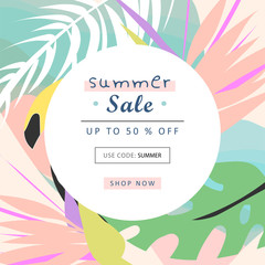 Tropical collage pattern banner in hawaiian style with toucan bird and exotic floral decoration elements. Colorful summer background made in vector