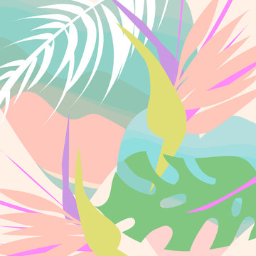 Tropical collage pattern banner in hawaiian style with toucan bird and exotic floral decoration elements. Colorful summer background made in vector
