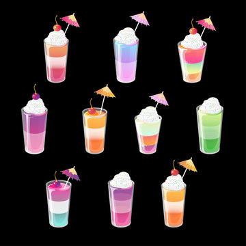 Set of cocktail jelly shots with toppings. Multicolored gradient jelly in glossy cartoon style. Vector illustration isolated on black background.