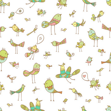 Seamless pattern with cute birds on white  background. Vector image.
