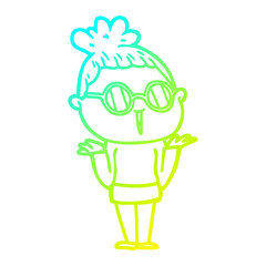cold gradient line drawing cartoon shrugging woman wearing spectacles