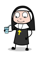 Fototapeta premium Drinking Water - Cartoon Nun Lady Vector Illustration