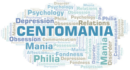 Centomania word cloud. Type of mania, made with text only.