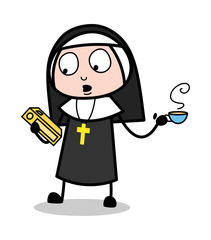 Searching a Book While Having Tea - Cartoon Nun Lady Vector Illustration